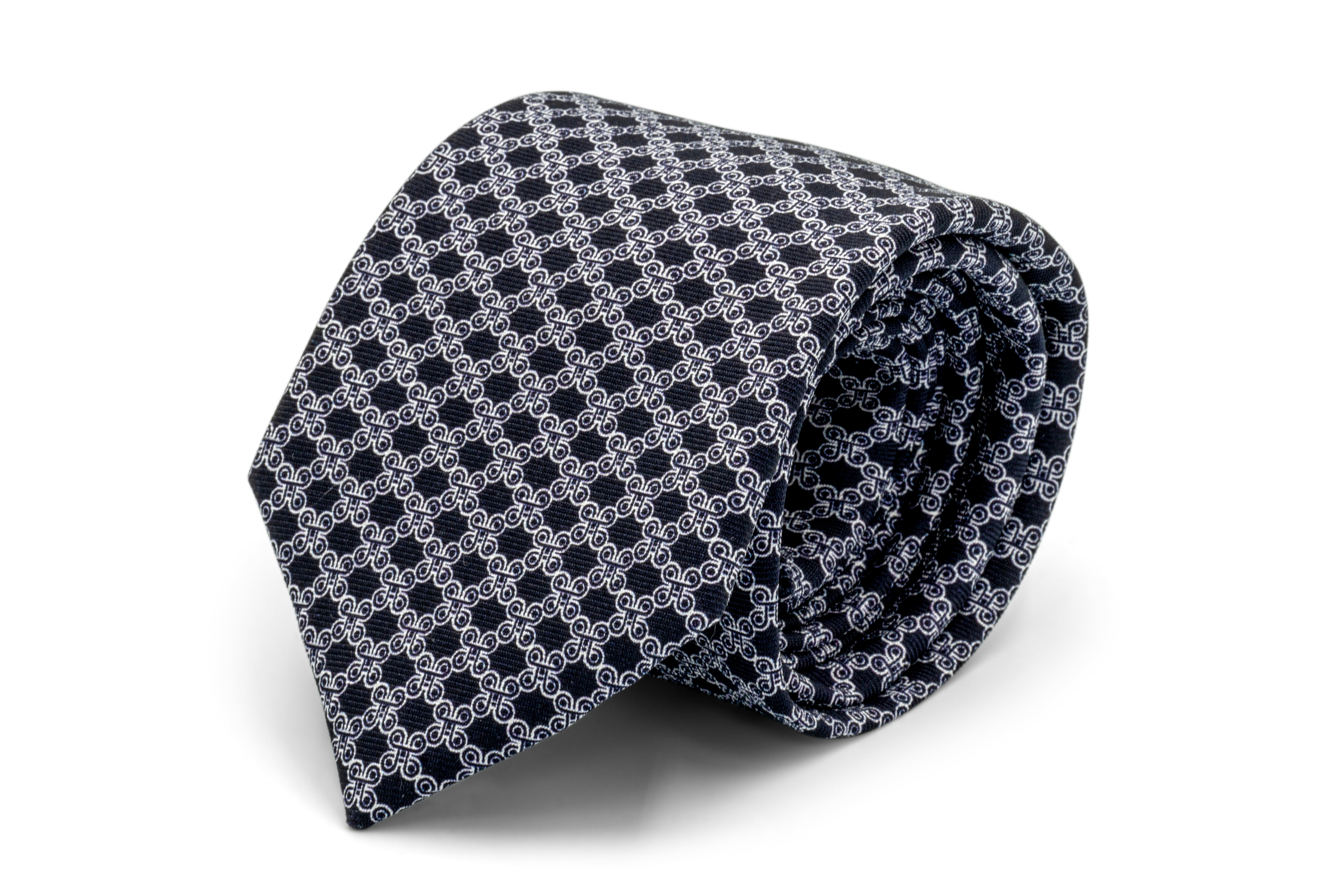 Mpatapo Hand-Finished Silk Tie - White on Dark Navy