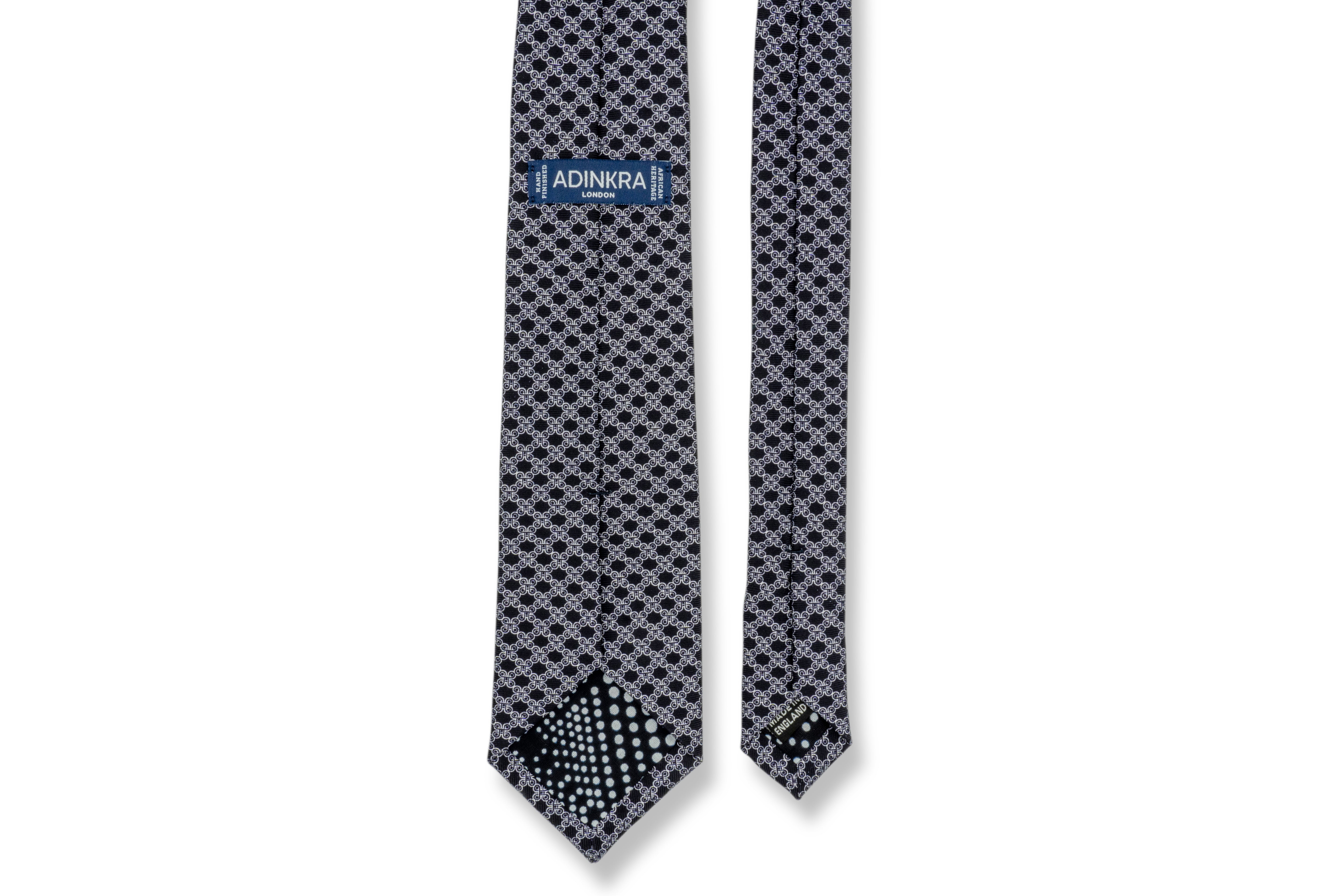 Mpatapo Hand-Finished Silk Tie - White on Dark Navy